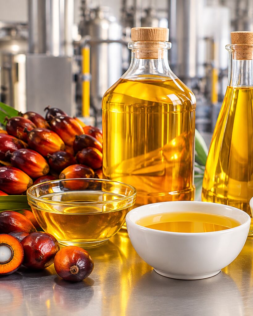 Aceite de palma refinado en un recipiente de vidrio junto a frutos de palma