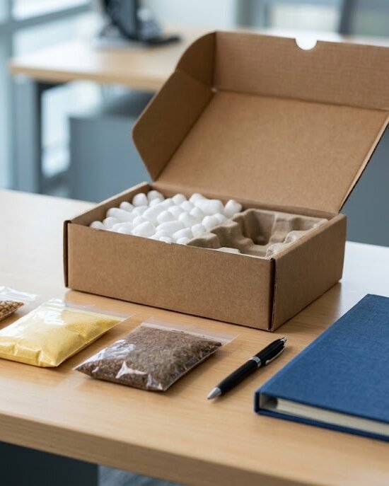 Tres bolsas de muestra de grano y harina junto a una caja de envío abierta sobre un escritorio