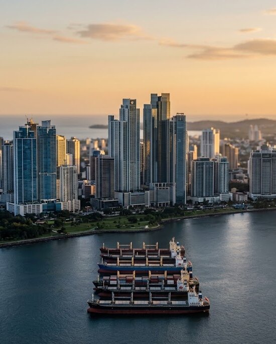 Ciudad de Panamá al atardecer, con sus torres frente a la bahía y varios buques fondeados