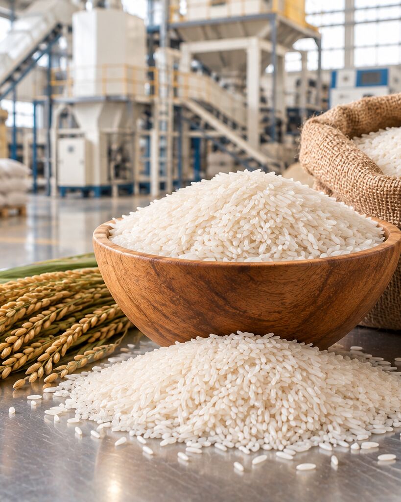 Cuenco de madera con arroz blanco de grano largo junto a espigas de arroz y un saco de yute en un molino arrocero