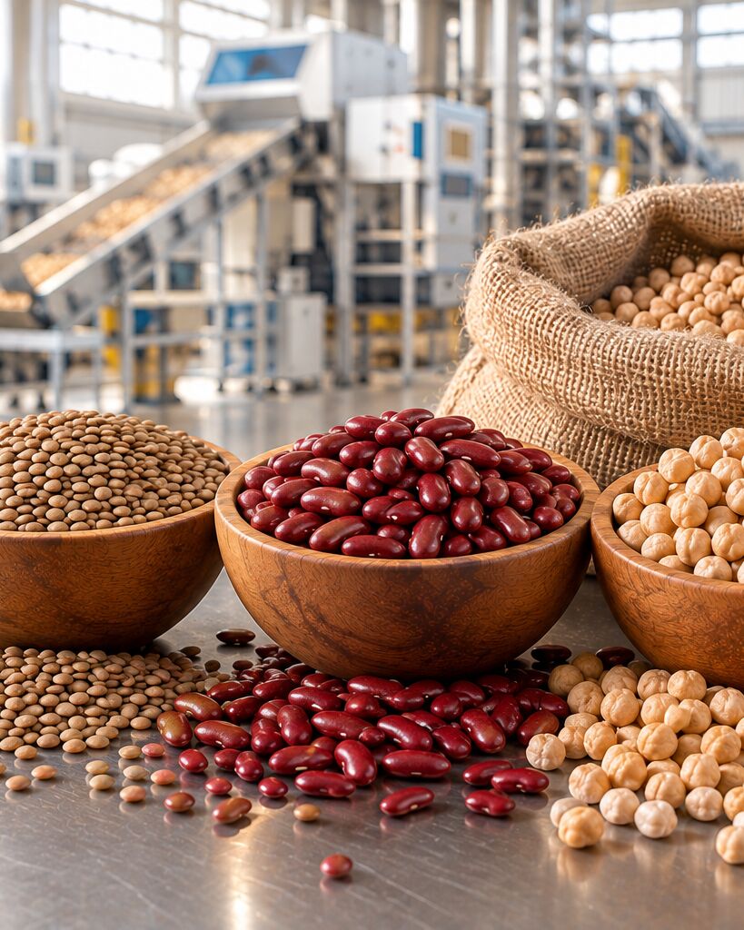 Cuencos de madera con lentejas, frijoles rojos y garbanzos junto a un saco de yute en una planta de clasificación