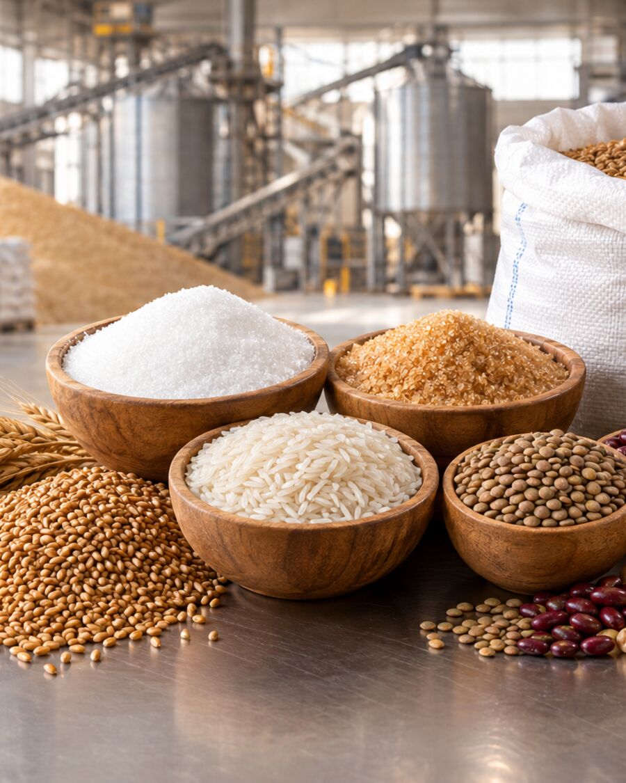 Azúcar blanca refinada sobre una superficie oscura, con granos de arroz y trigo al lado