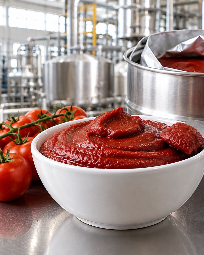 Cuenco con pasta de tomate concentrada junto a tomates en rama y un tambor con bolsa aséptica en una planta de concentrado