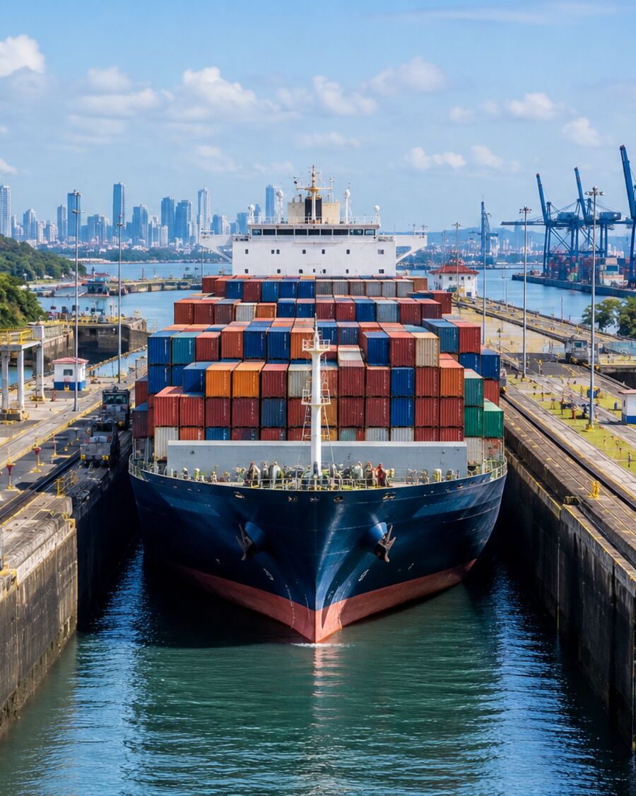Buque portacontenedores transitando por una esclusa del Canal de Panamá, con grúas de terminal al fondo