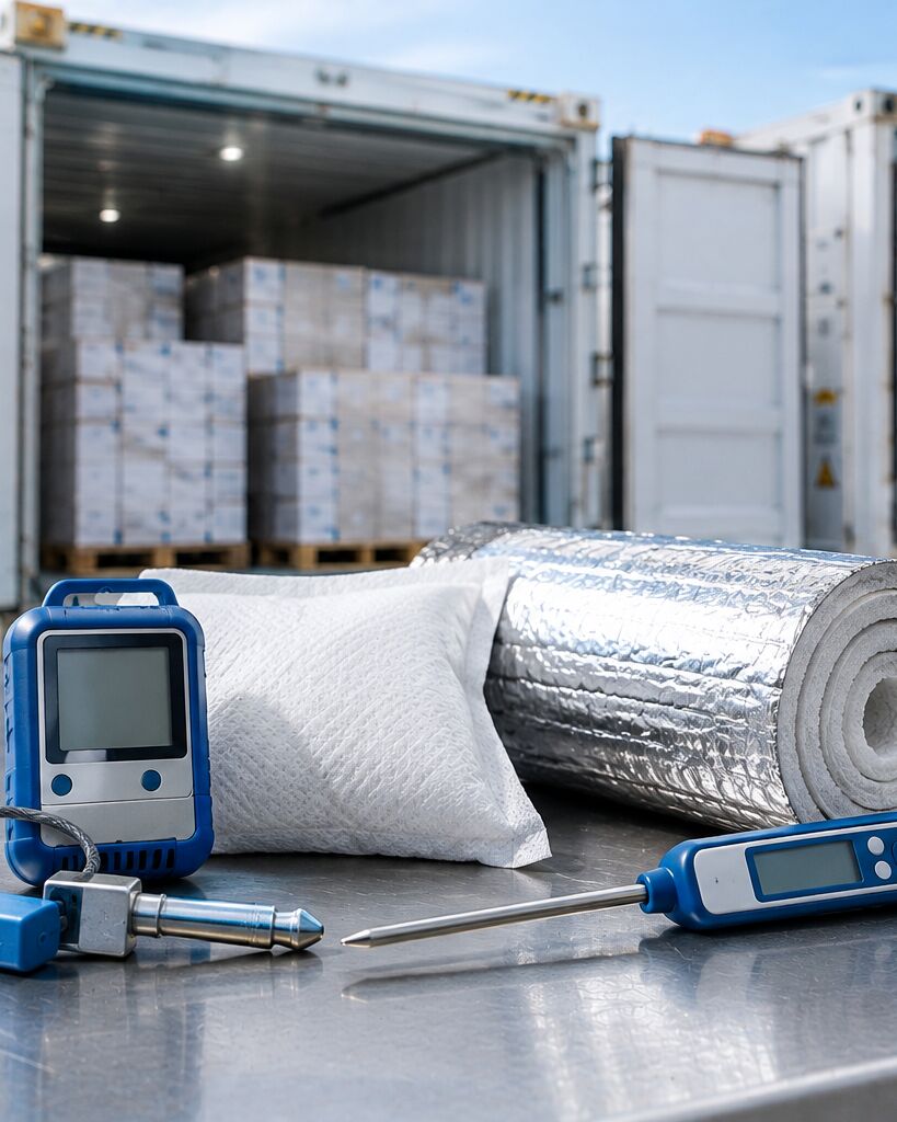 Registrador de temperatura, bolsa desecante, liner térmico y termómetro de sonda sobre una mesa de acero frente a un contenedor refrigerado