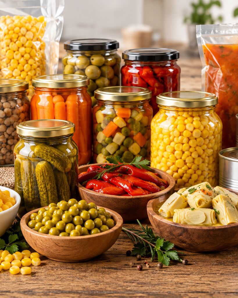 Conservas envasadas en frascos y latas junto a bolsas de pasta y legumbres