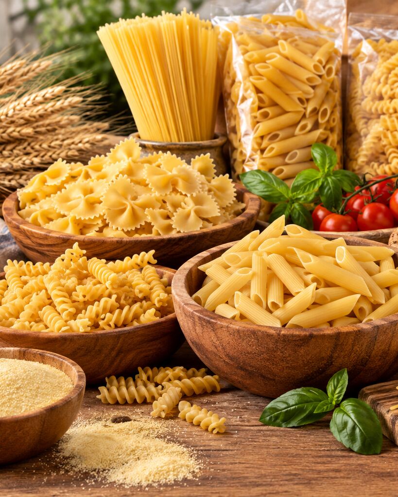 Pastas secas de trigo candeal en distintos formatos sobre una superficie de madera