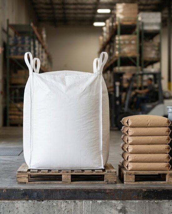 Big bag blanco sobre un pallet junto a una pila de sacos multicapa de papel, en el muelle de carga de un almacén