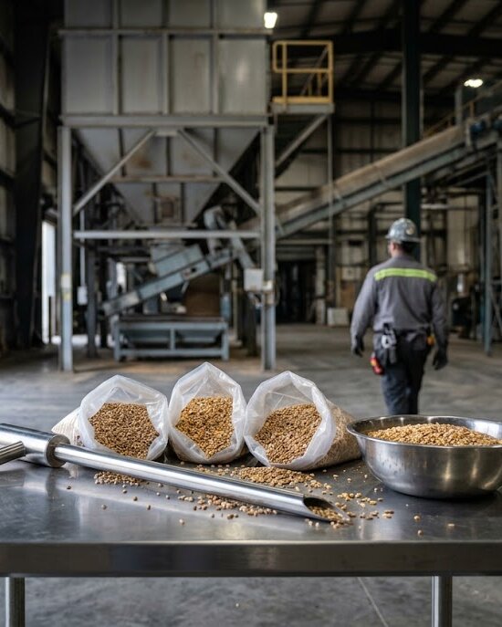 Sonda caladora y bolsas de muestra de grano sobre una mesa de acero en la zona de recepción de una planta