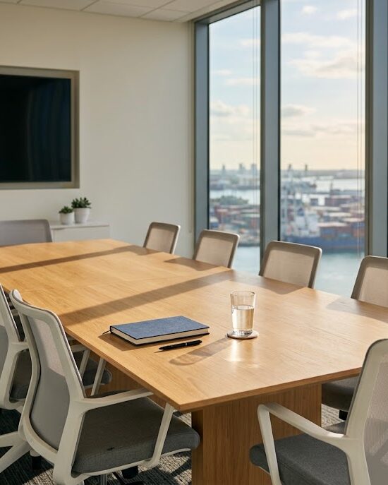 Sala de reuniones vacía con mesa de madera clara y ventanal con vista a una terminal portuaria