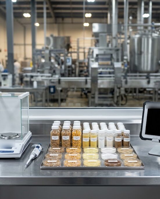 Mesa de laboratorio con muestras de grano en frascos y placas, una balanza analítica y una pipeta, frente a la planta de proceso